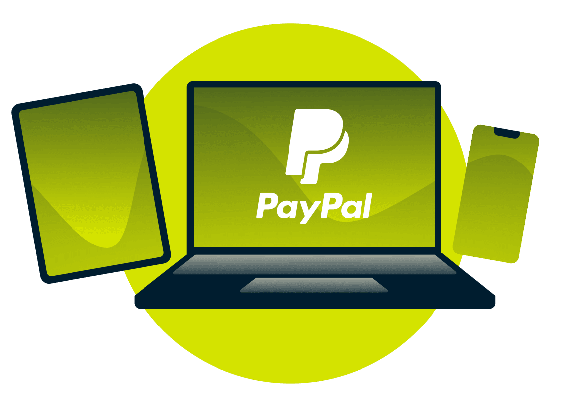 Una laptop, una tablet y un tel&eacute;fono con el logotipo de PayPal.