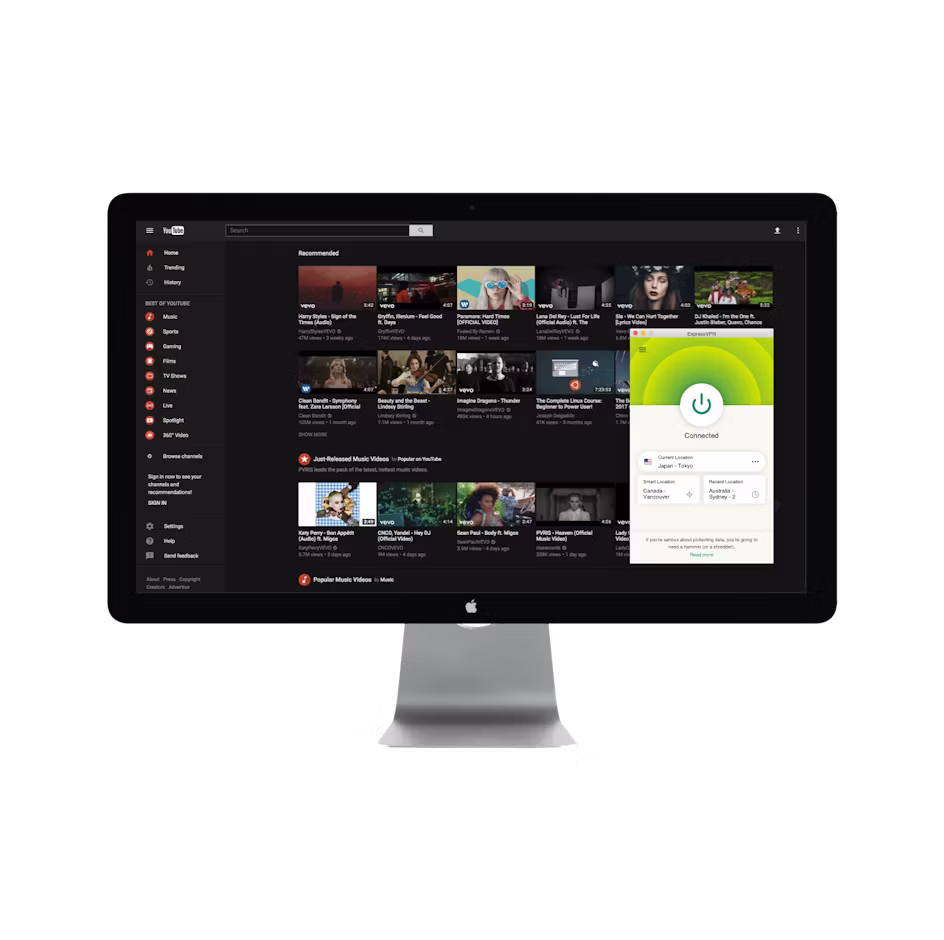 VPNがついたYouTube UI。